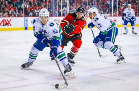 Apr 7, 2016; Calgary, Alberta, CAN; Vancouver Canucks center Bo Horvat (53) and Calgary Flames center Mikael Backlund (11) battle for the puck during the first period at Scotiabank Saddledome. Mandatory Credit: Sergei Belski-USA TODAY Sports