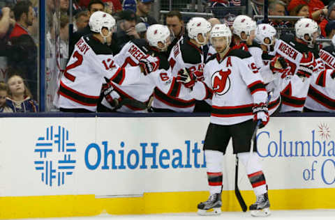 Vegas Golden Knights: New Jersey Devils center Travis Zajac (19) celebrates a goal against the Columbus Blue Jackets during the second period at Nationwide Arena. Mandatory Credit: Russell LaBounty-USA TODAY Sports