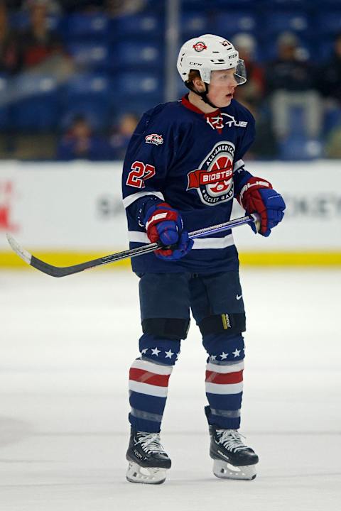 PLYMOUTH, MICHIGAN – JANUARY 16: William Whitelaw #27 skates the ice in the first period of the 2023 BioSteel All-American game at USA Hockey Arena on January 16, 2023 in Plymouth, Michigan. (Photo by Mike Mulholland/Getty Images)