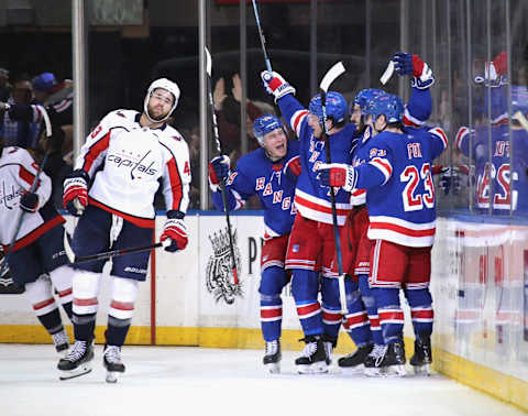 NEW YORK, NEW YORK – MARCH 05: Mika Zibanejad #93 of the New York Rangers celebrates his hattrick goal at 12 seconds of the third period against the Washington Capitals at Madison Square Garden on March 05, 2020 in New York City. The Rangers defeated the Capitals 5-4 in overtime. (Photo by Bruce Bennett/Getty Images)