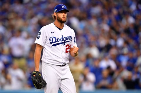 Oct 12, 2022; Los Angeles, California, USA; Los Angeles Dodgers starting pitcher Clayton Kershaw (22) after a strike out during the second inning of game two of the NLDS for the 2022 MLB Playoffs against the San Diego Padres at Dodger Stadium. Mandatory Credit: Gary A. Vasquez-USA TODAY Sports