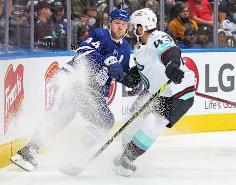 TORONTO, ON – MARCH 8: Morgan Rielly #44 of the Toronto Maple Leafs  (Photo by Claus Andersen/Getty Images)