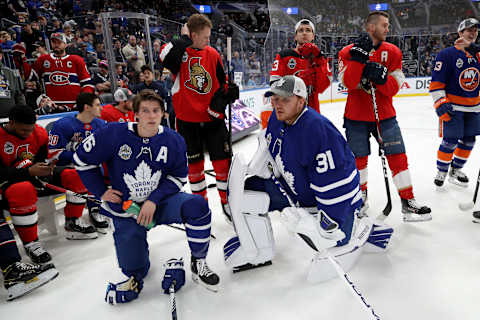 Toronto Maple Leafs – Mitch Marner and Frederik Andersen at 2020 NHL All-Star Skills Competition (Photo by Bruce Bennett/Getty Images)