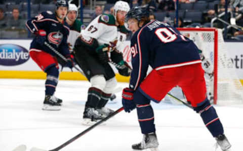 Oct 25, 2022; Columbus, Ohio, USA; Columbus Blue Jackets left wing Kent Johnson (91) waits for a pass against the Arizona Coyotes during the third period at Nationwide Arena. Mandatory Credit: Russell LaBounty-USA TODAY Sports