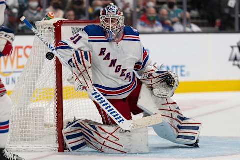 Jan 13, 2022; San Jose, California, USA; New York Rangers goaltender Igor Shesterkin (31) defends the goal during the second period against the San Jose Sharks at SAP Center at San Jose. Mandatory Credit: Stan Szeto-USA TODAY Sports