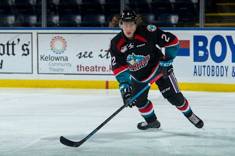 KELOWNA, BC – OCTOBER 03: Lassi Thompson #2 of the Kelowna Rockets warms up on the ice against the Vancouver Giants at Prospera Place on October 3, 2018 in Kelowna, Canada. (Photo by Marissa Baecker/Getty Images)