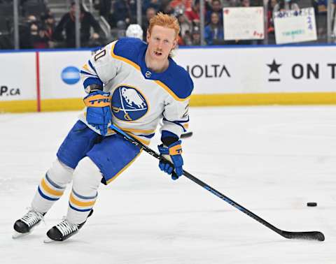 Mar 17, 2022; Edmonton, Alberta, CAN; Buffalo Sabres centre Cody Eakin (20) at Rogers Place. Mandatory Credit: Walter Tychnowicz-USA TODAY Sports