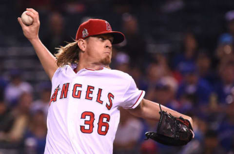 Sep 16, 2016; Anaheim, CA, USA; Los Angeles Angels starting pitcher Jered Weaver (36) pitches in the first inning of the game against the Toronto Blue Jays at Angel Stadium of Anaheim. Mandatory Credit: Jayne Kamin-Oncea-USA TODAY Sports