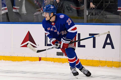 Jan 24, 2022; New York, New York, USA; New York Rangers defenseman Adam Fox (23) celebrates his winning goal during shootouts against the Los Angeles Kings at Madison Square Garden. Mandatory Credit: Dennis Schneidler-USA TODAY Sports