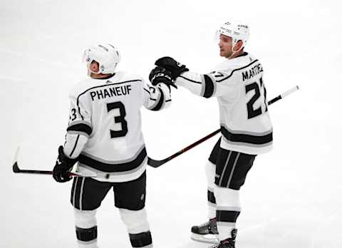 Los Angeles Kings defenseman Dion Phaneuf (3) celebrates with Los Angeles Kings defenseman Alec Martinez (27) after scoring against the Chicago Blackhawks during the second period of their game at the United Center Monday, Feb. 19, 2018 in Chicago. (Nuccio DiNuzzo/Chicago Tribune/TNS via Getty Images)