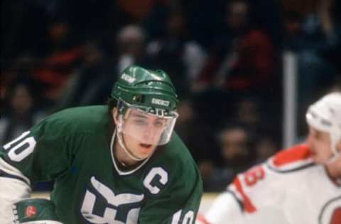 EAST RUTHERFORD, NJ – CIRCA 1987: Ron Francis #10 of the Hartford Whalers skates against the New Jersey Devils during an NHL Hockey game circa 1987 at the Brendan Byrne Arena in East Rutherford, New Jersey. Francis’s playing career went from 1981-2004. (Photo by Focus on Sport/Getty Images)