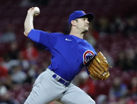 May 23, 2022; Cincinnati, Ohio, USA; Chicago Cubs closing pitcher David Robertson throws a pitch against the Cincinnati Reds during the ninth inning at Great American Ball Park. Mandatory Credit: David Kohl-USA TODAY Sports