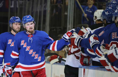 NEW YORK, NEW YORK – SEPTEMBER 29: Alexis Lafreniere #13 of the New York Rangers celebrates his third-period shorthanded goal against the New Jersey Devils at Madison Square Garden on September 29, 2022, in New York City. The Devils defeated the Rangers 5-2. (Photo by Bruce Bennett/Getty Images)