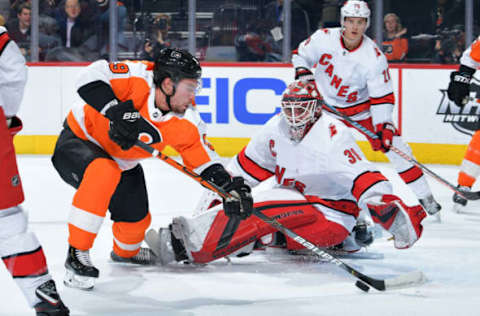 PHILADELPHIA, PA – MARCH 05: Ivan Provorov #9 of the Philadelphia Flyers shoots and scores on Alex Nedeljkovic #39 of the Carolina Hurricanes in the first period at Wells Fargo Center on March 5, 2020 in Philadelphia, Pennsylvania. (Photo by Drew Hallowell/Getty Images)