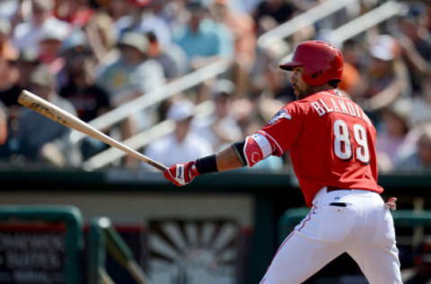 Mar 4, 2016; Goodyear, AZ, USA; Cincinnati Reds shortstop Alex Blandino (89) bats during the third inning against the San Francisco Giants at Goodyear Ballpark. Mandatory Credit: Joe Camporeale-USA TODAY Sports