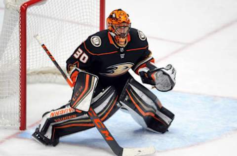 ANAHEIM, CA – February 25: Anaheim Ducks goalie Ryan Miller (30) in action during the first period of a game against the Edmonton Oilers played on February 25, 2018, at the Honda Center in Anaheim, CA. (Photo by John Cordes/Icon Sportswire via Getty Images)