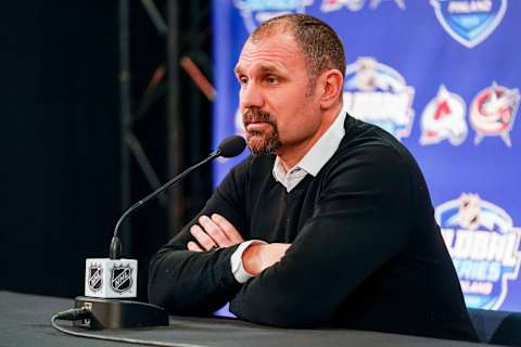 TAMPERE, FINLAND – NOVEMBER 05: head coach Brad Larsen of Columbus during the after game interview at the 2022 NHL Global Series – Finland match between Colorado Avalanche and Columbus Blue Jackets at Nokia Arena on November 5, 2022 in Tampere, Finland. (Photo by Jari Pestelacci/Eurasia Sport Images/Getty Images)