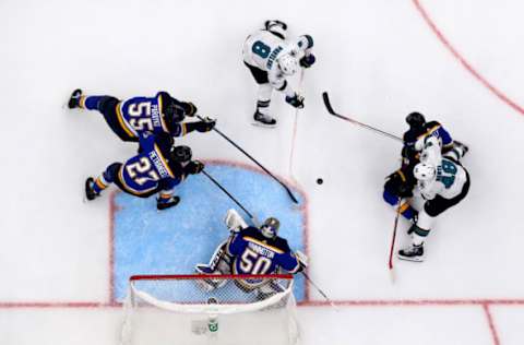 ST LOUIS, MISSOURI – MAY 15: Jordan Binnington #50 of the St. Louis Blues tends goal against Joe Pavelski #8 of the San Jose Sharks in Game Three of the Western Conference Finals during the 2019 NHL Stanley Cup Playoffs at Enterprise Center on May 15, 2019 in St Louis, Missouri. (Photo by Dilip Vishwanat/Getty Images)