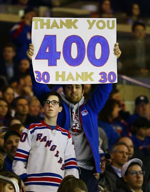 Feb 11, 2017; New York, NY, USA; A fan holds up a sign in honor of the 400th NHL win by New York Rangers goaltender Henrik Lundqvist (not pictured) against the Colorado Avalanche at Madison Square Garden. The Rangers won 4-2. Mandatory Credit: Andy Marlin-USA TODAY Sports