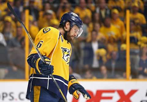 May 9, 2016; Nashville, TN, USA; Nashville Predators defenseman Shea Weber (6) against the San Jose Sharks in game six of the second round of the 2016 Stanley Cup Playoffs at Bridgestone Arena. The Predators won 4-3. Mandatory Credit: Aaron Doster-USA TODAY Sports