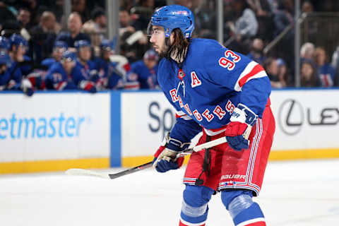 NEW YORK, NY – APRIL 03: Mika Zibanejad #93 of the New York Rangers skates against the Ottawa Senators at Madison Square Garden on April 3, 2019 in New York City. (Photo by Jared Silber/NHLI via Getty Images)