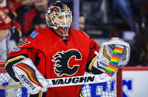 Feb 28, 2017; Calgary, Alberta, CAN; Calgary Flames goalie Chad Johnson (31) guards his net during the warmup period against the Los Angeles Kings at Scotiabank Saddledome. Mandatory Credit: Sergei Belski-USA TODAY Sports