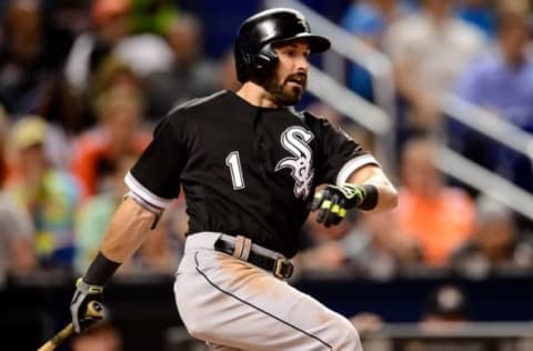 Aug 12, 2016; Miami, FL, USA; Chicago White Sox right fielder Adam Eaton (1) hits a single during the second inning against the Miami Marlins at Marlins Park. MLB. Mandatory Credit: Steve Mitchell-USA TODAY Sports