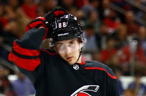 RALEIGH, NORTH CAROLINA – JUNE 08: Martin Necas #88 of the Carolina Hurricanes looks on during the first period in Game Five of the Second Round of the 2021 Stanley Cup Playoffs against the Tampa Bay Lightning at PNC Arena on June 08, 202,1 in Raleigh, North Carolina. (Photo by Jared C. Tilton/Getty Images)