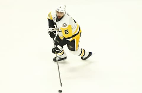 Jun 11, 2017; Nashville, TN, USA; Pittsburgh Penguins defenseman Trevor Daley (6) against the Nashville Predators in game six of the 2017 Stanley Cup Final at Bridgestone Arena. Mandatory Credit: Aaron Doster-USA TODAY Sports