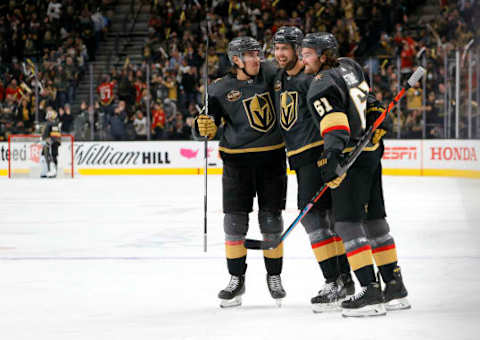 The Vegas Golden Knights are celebrating after a goal. (Photo by Ethan Miller/Getty Images)