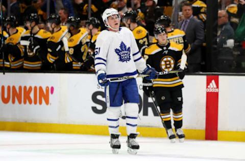 BOSTON, MA – DECEMBER 8: Jake Gardiner #51 of the Toronto Maple Leafs reacts after the Bruins scored during the second period of the game between the Boston Bruins and the Toronto Maple Leafs at TD Garden on December 8, 2018 in Boston, Massachusetts. (Photo by Maddie Meyer/Getty Images)