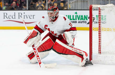 BOSTON, MA – JANUARY 18: Frederik Andersen #31 of the Carolina Hurricanes . (Photo by Richard T Gagnon/Getty Images)