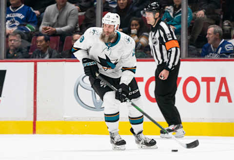 VANCOUVER, BC – JANUARY 18: Joe Thornton #19 of the San Jose Sharks skates with the puck during NHL action against the Vancouver Canucks at Rogers Arena on January 18, 2020 in Vancouver, British Columbia, Canada. (Photo by Rich Lam/Getty Images)