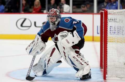 DENVER, COLORADO – SEPTEMBER 19: Philipp Grubauer #31 of the Colorado Avalanche tends goal against the Dallas Stars in the third period at the Pepsi Center on September 19, 2019, in Denver, Colorado. (Photo by Matthew Stockman/Getty Images)