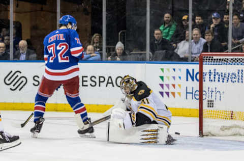 NEW YORK, NY – FEBRUARY 06: New York Rangers Winger Filip Chytil (72) scores during the third period of an Eastern Conference match-up Between the Boston Bruins and the New York Rangers on February 06, 2019, at Madison Square Garden in New York, NY. (Photo by David Hahn/Icon Sportswire via Getty Images)