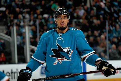 SAN JOSE, CA – FEBRUARY 27: Evander Kane #9 of the San Jose Sharks looks on during a NHL game against the Edmonton Oilers at SAP Center on February 27, 2018 in San Jose, California. (Photo by Don Smith/NHLI via Getty Images)