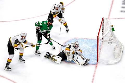 Robin Lehner #90 of the Vegas Golden Knights makes the save against Jamie Benn #14 of the Dallas Stars. (Photo by Bruce Bennett/Getty Images)