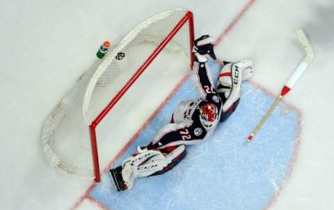 Mar 30, 2019; Nashville, TN, USA; Columbus Blue Jackets goaltender Sergei Bobrovsky (72) makes a save during the third period against the Nashville Predators at Bridgestone Arena. Mandatory Credit: Christopher Hanewinckel-USA TODAY Sports