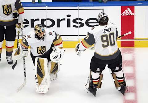 Robin Lehner #90 and Marc-Andre Fleury #29 of the Vegas Golden Knights (Photo by Bruce Bennett/Getty Images)