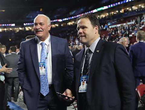 John Davidson and Jeff Gorton of the New York Rangers (Photo by Bruce Bennett/Getty Images)