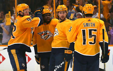 NASHVILLE, TN – MAY 10: Ryan Johansen #92, Filip Forsberg #9, and Craig Smith #15 congratulate teammate P.K. Subban #76 on scoring a goal against the Winnipeg Jets during the first period in Game Seven of the Western Conference Second Round during the 2018 NHL Stanley Cup Playoffs at Bridgestone Arena on May 10, 2018 in Nashville, Tennessee. (Photo by Frederick Breedon/Getty Images)