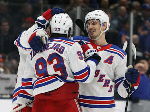 Mika Zibanejad #93 and Chris Kreider #20 of the New York Rangers (Photo by Bruce Bennett/Getty Images)