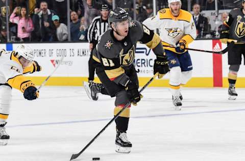 LAS VEGAS, NV – JANUARY 2: Jonathan Marchessault #81 of the Vegas Golden Knights scores an empty net goal against the Nashville Predators during the game at T-Mobile Arena on January 2, 2018, in Las Vegas, Nevada. (Photo by Jeff Bottari/NHLI via Getty Images)