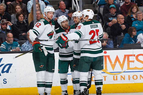 SAN JOSE, CA – APRIL 07: Joel Eriksson Ek #14 of the Minnesota Wild celebrates with teammates after scoring a goal against the San Jose Sharks at SAP Center on April 7, 2018 in San Jose, California. (Photo by Rocky W. Widner/NHL/Getty Images) *** Local Caption *** Joel Eriksson Ek