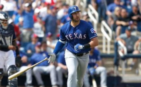 Mar 11, 2016; Phoenix, AZ, USA; Texas Rangers left fielder Joey Gallo (13) in the first inning during a spring training game against the Milwaukee Brewers at Maryvale Baseball Park. Mandatory Credit: Rick Scuteri-USA TODAY Sports