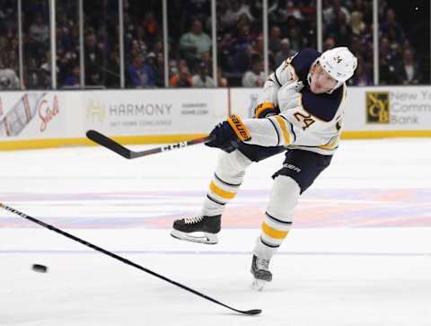 UNIONDALE, NEW YORK – MARCH 30: Lawrence Pilut #24 of the Buffalo Sabres skates against the New York islanders at NYCB Live’s Nassau Coliseum on March 30, 2019 in Uniondale, New York. The Islanders defeated the Sabres 5-1. (Photo by Bruce Bennett/Getty Images)