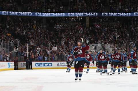 DENVER, CO – APRIL 07: Gabriel Landeskog #92 and members of the Colorado Avalanche celebrate the victory against the St. Louis Blues at the Pepsi Center on April 7, 2018 in Denver, Colorado. The Avalanche defeated the Blues 5-2. (Photo by Michael Martin/NHLI via Getty Images)