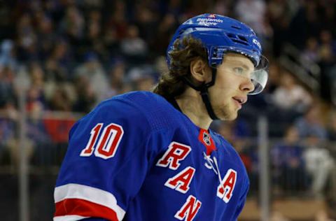 NEW YORK, NEW YORK – APRIL 16: Artemi Panarin #10 of the New York Rangers looks on during the first period against the Detroit Red Wings at Madison Square Garden on April 16, 2022, in New York City. (Photo by Sarah Stier/Getty Images)