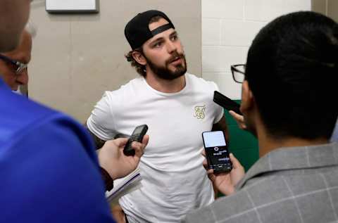 DALLAS, TX – JUNE 21: Tyler Seguin of the Dallas Stars speaks to the media after the Community Ball Hockey Clinic at the Dr. Pepper StarCenter as part of the 2018 NHL Entry Draft on June 21, 2018 in Dallas, Texas. (Photo by Glenn James/NHLI via Getty Images)