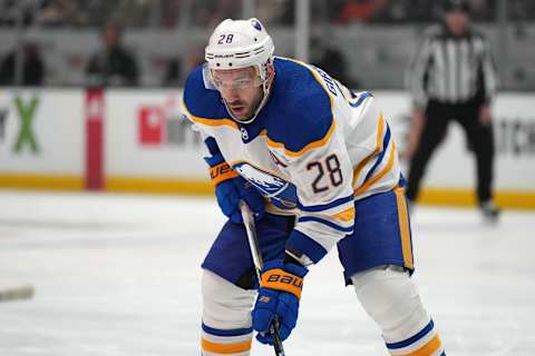 Feb 15, 2023; Anaheim, California, USA; Buffalo Sabres left wing Zemgus Girgensons (28) reacts against the Anaheim Ducks in the first period at Honda Center. Mandatory Credit: Kirby Lee-USA TODAY Sports